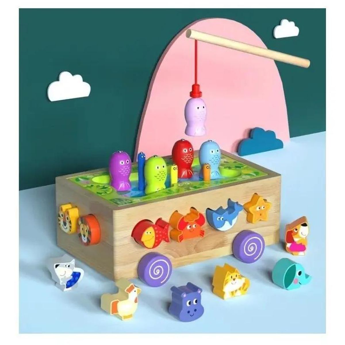 GENERICO - Cubo de Juego de Madera para Bebé con Pesca y Arrastre
