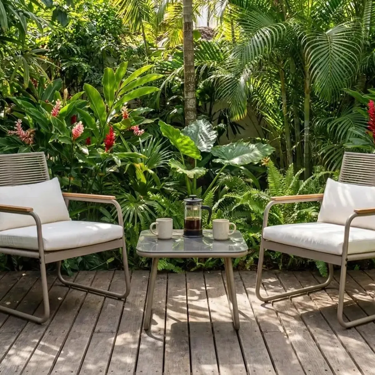 IDEEHOUSE - Juego De Terraza Living Set Mesa Silla Acero Y Vidrio Beige