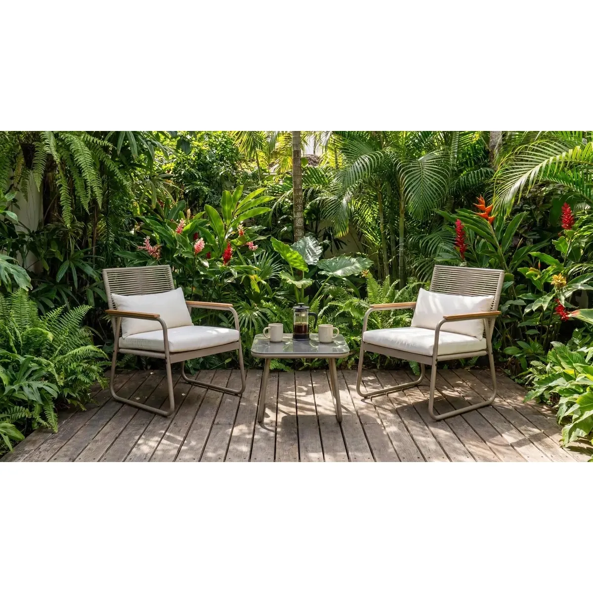 IDEEHOUSE - Juego De Terraza Living Set Mesa Silla Acero Y Vidrio Beige