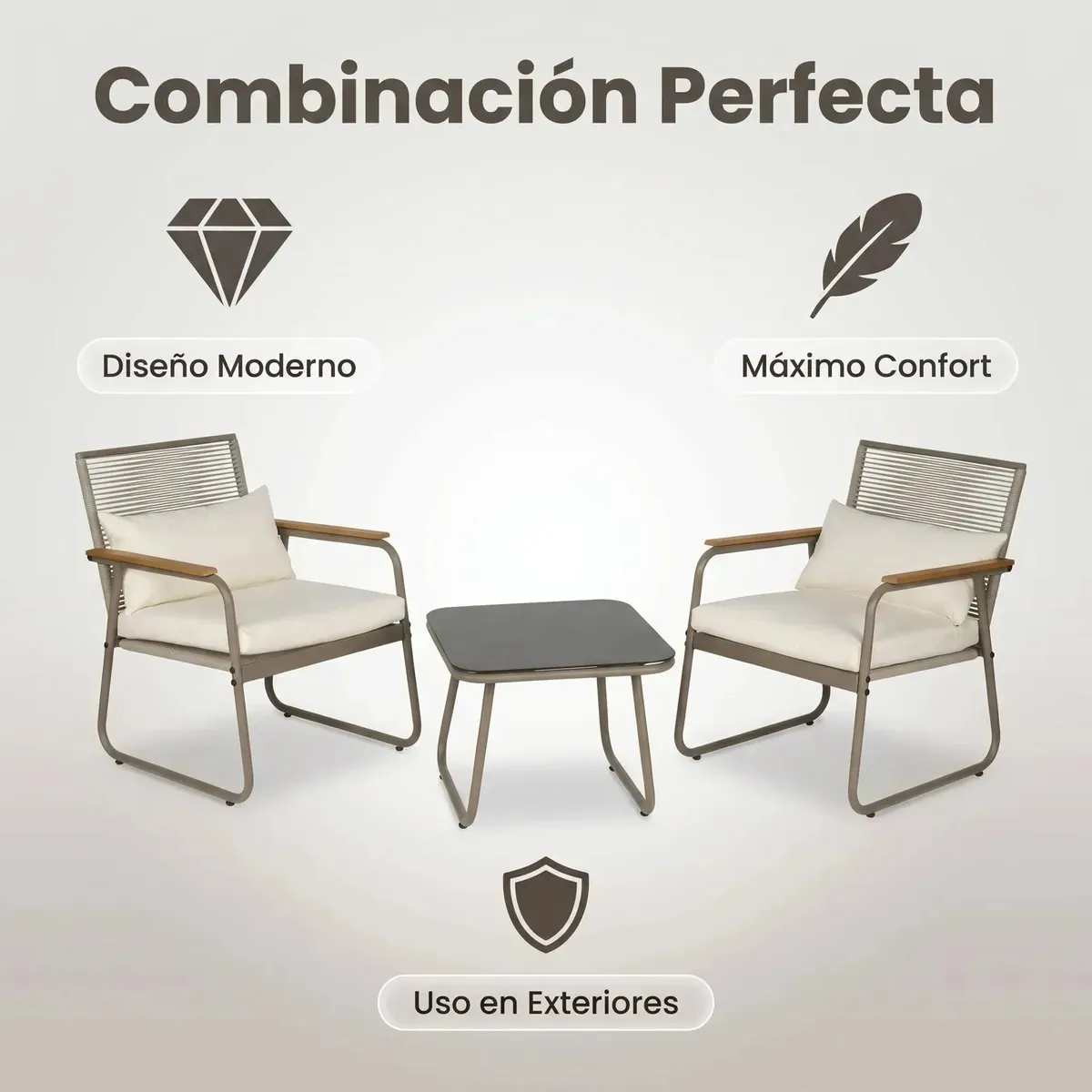 IDEEHOUSE - Juego De Terraza Living Set Mesa Silla Acero Y Vidrio Beige
