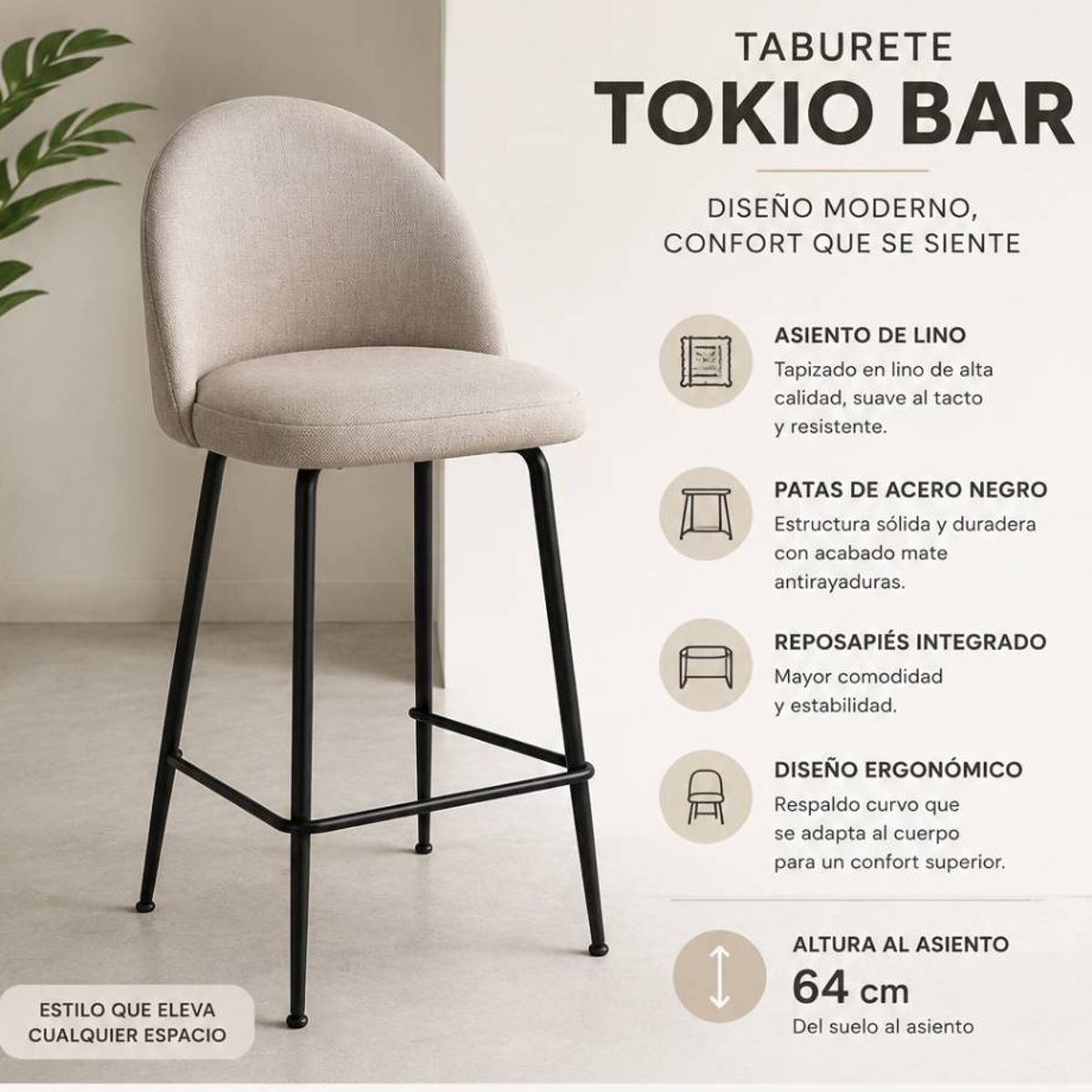MOAD - Pack 4 Taburetes Alto para Barra y Cocina Tokio Bar Lino Acero Negro 64 cm