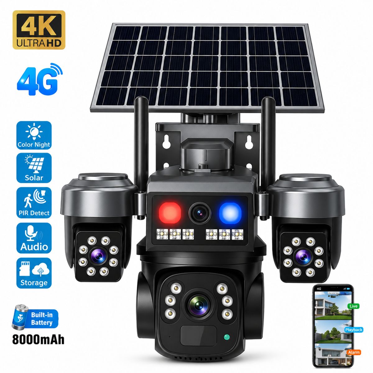 GENERICO - Cámara Solar 4G Triple Lente PTZ  Con Chip  Sin WiFi  Seguimiento IA  Parcelas Chile