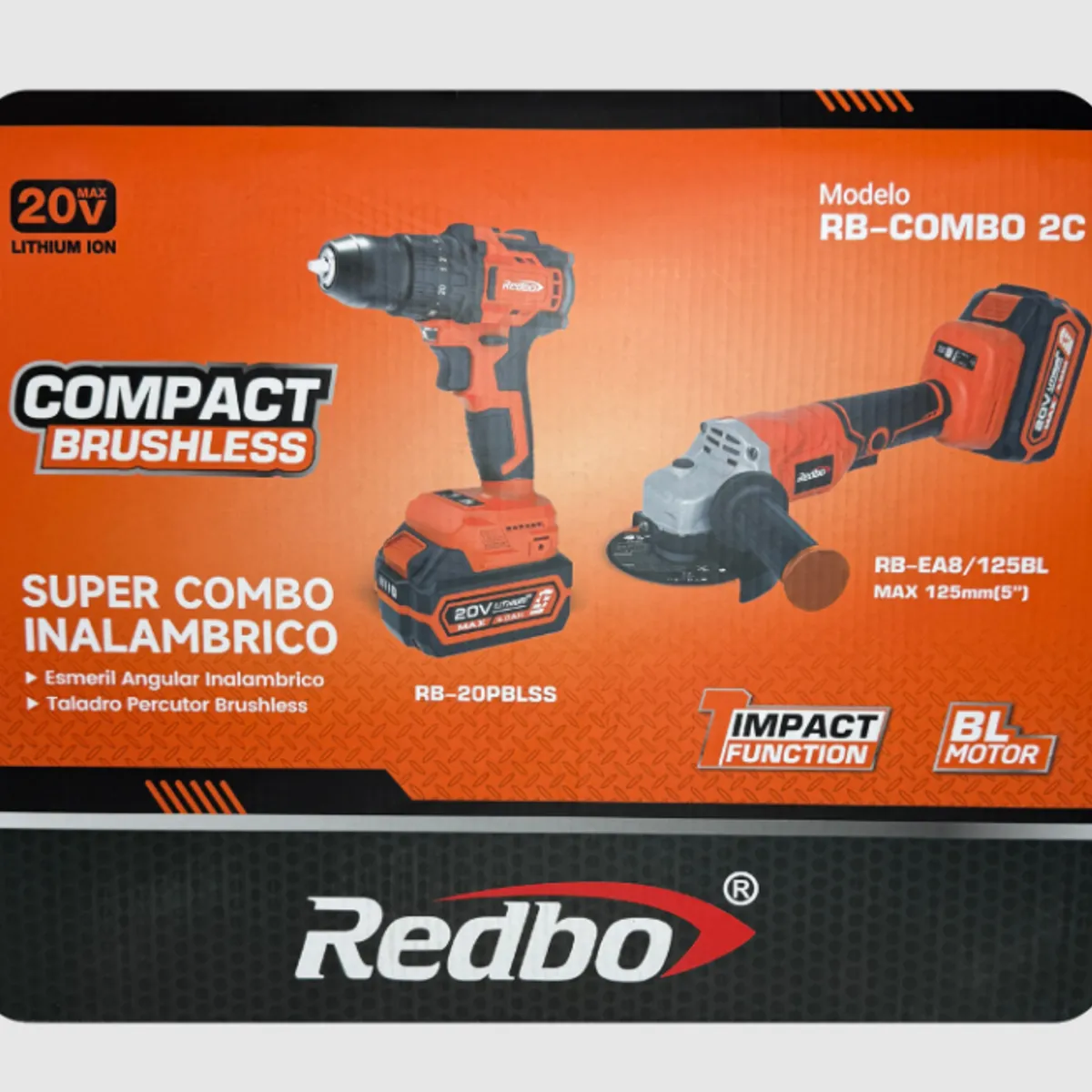 REDBO - Combo Inalámbrico Brushless Redbo: Taladro Percutor + Esmeril Angular 4.5" (20V, 2 Baterías 4.0Ah, Maletín)