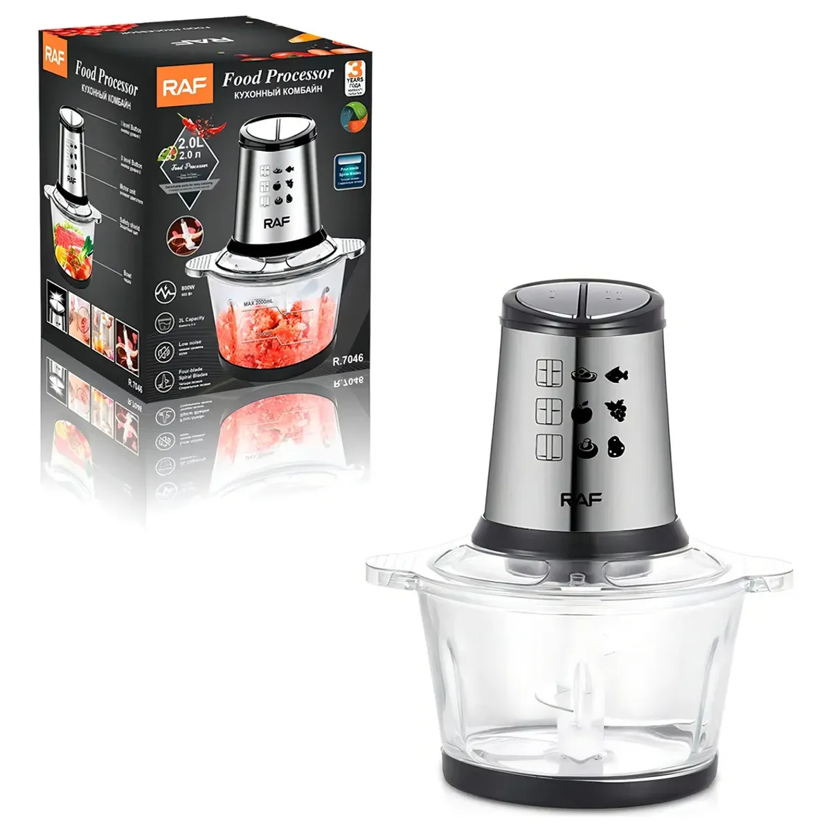 RAF - Picador Procesador De Alimentos Raf 800w 2l Vidrio Función Pulsar Negro R.7046