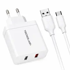 TECNOLAB - Cargador Rápido QC 3.0 18W USB-A a USB-C Certificado - PS