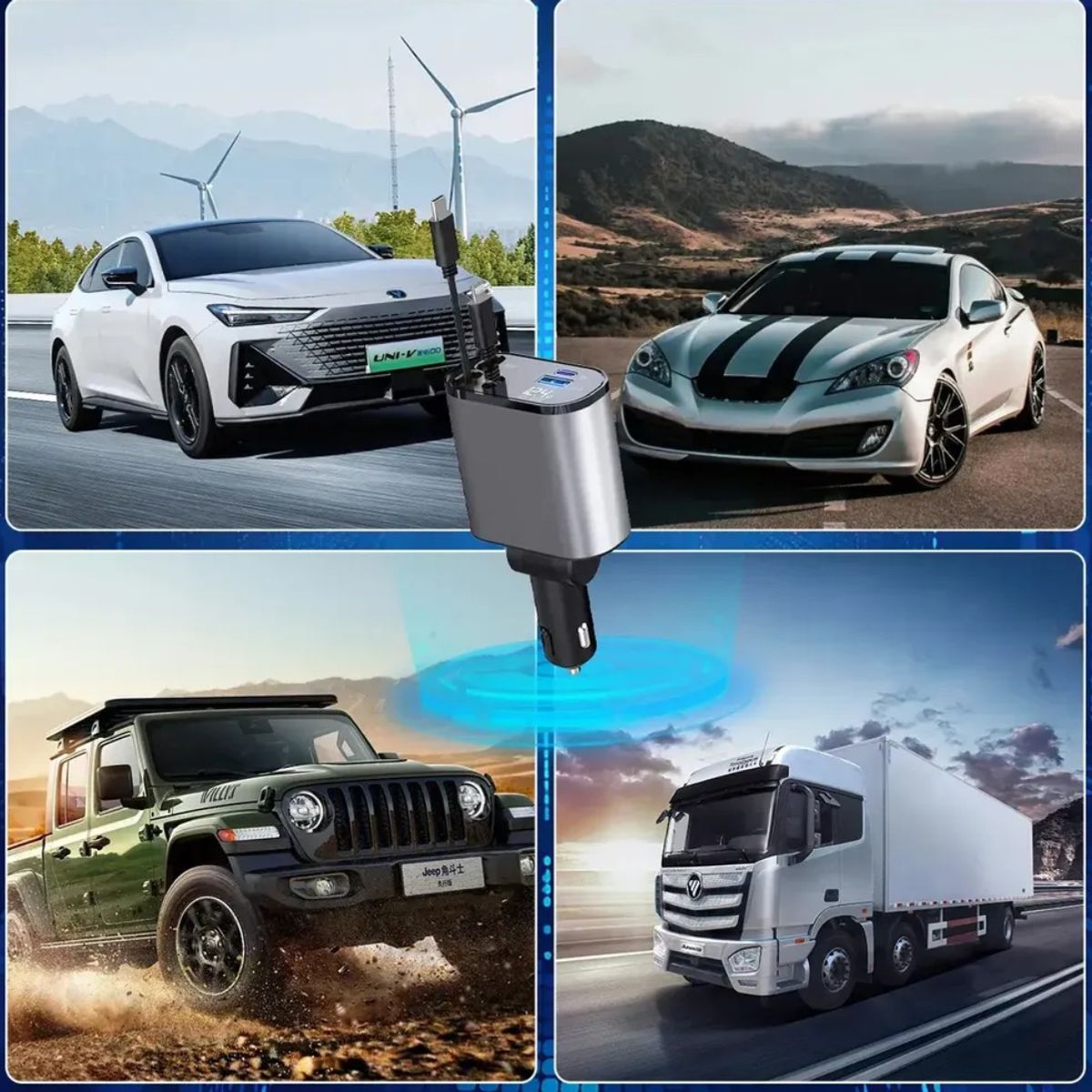 GENERICO - Cargador Rápido de Auto 120W con Cables Retráctiles iOS y Tipo C