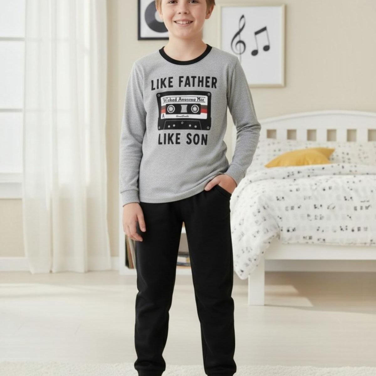 KOWHAI - Pijama Niño Algodón Estampado Like Father Like Son Gris