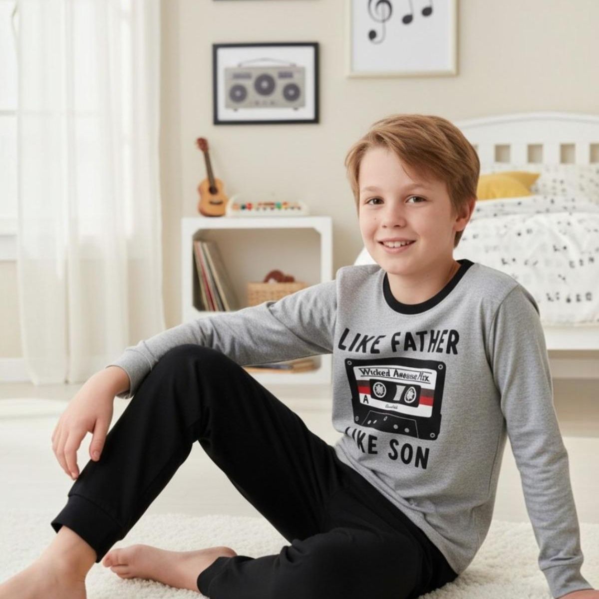 KOWHAI - Pijama Niño Algodón Estampado Like Father Like Son Gris