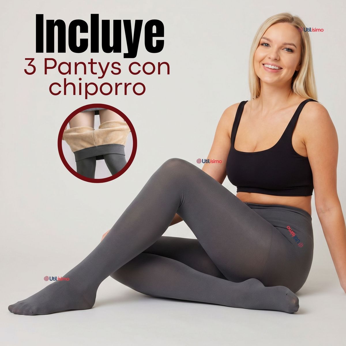 UTILISIMO - Pack 3 Pantys Calzas Con Chiporro Mujer Elasticada Gris