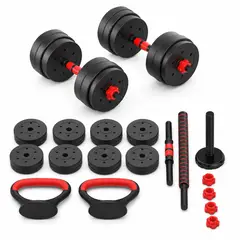 GENERICO - Set de Mancuernas Ajustables 20 Kg 3 en 1 Barra Kettlebell Rojo Negro