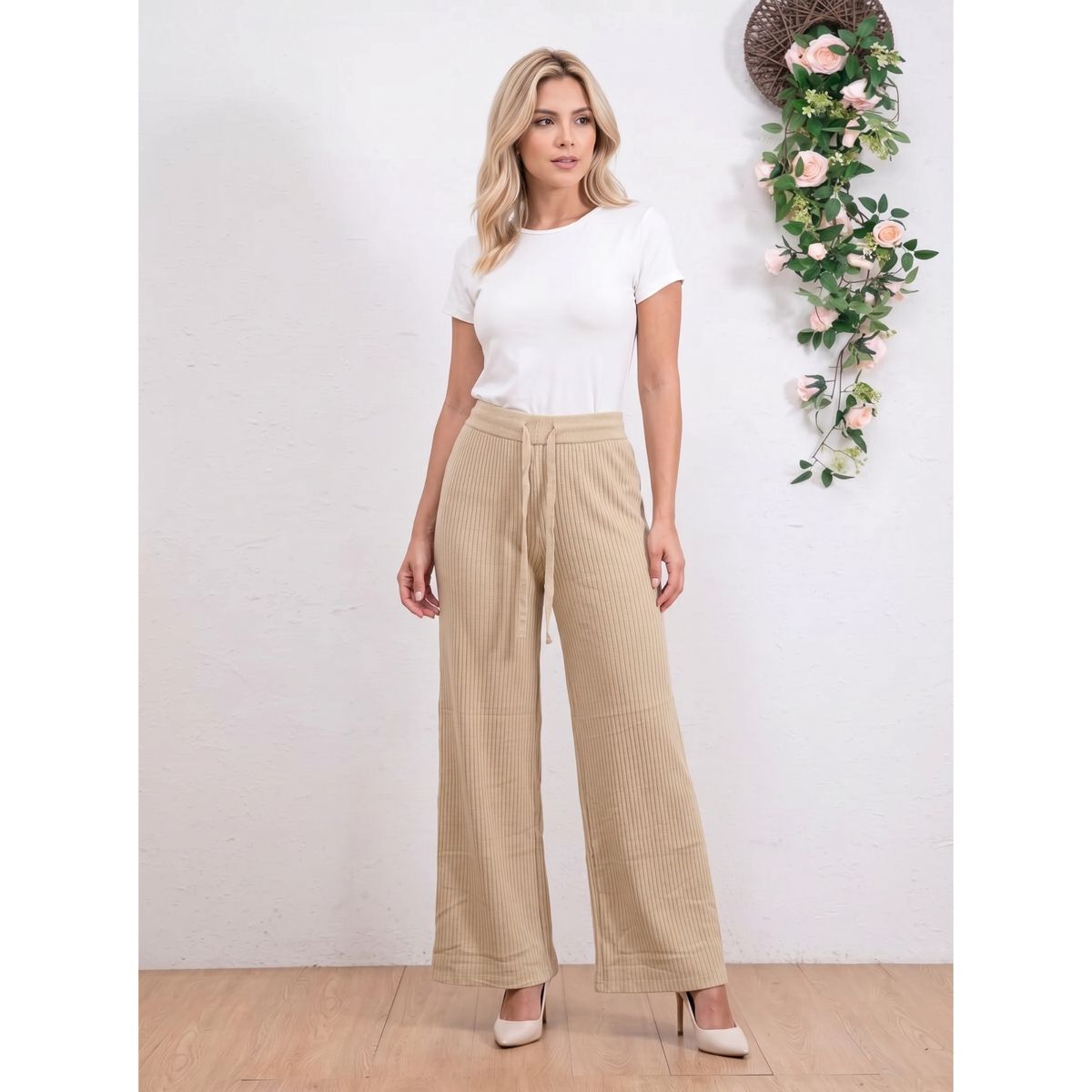 LIKE SHOP - Pantalon Mujer Tipo Palazzo Lanilla Acanalado Tiro Alto Full Elasticado 5107