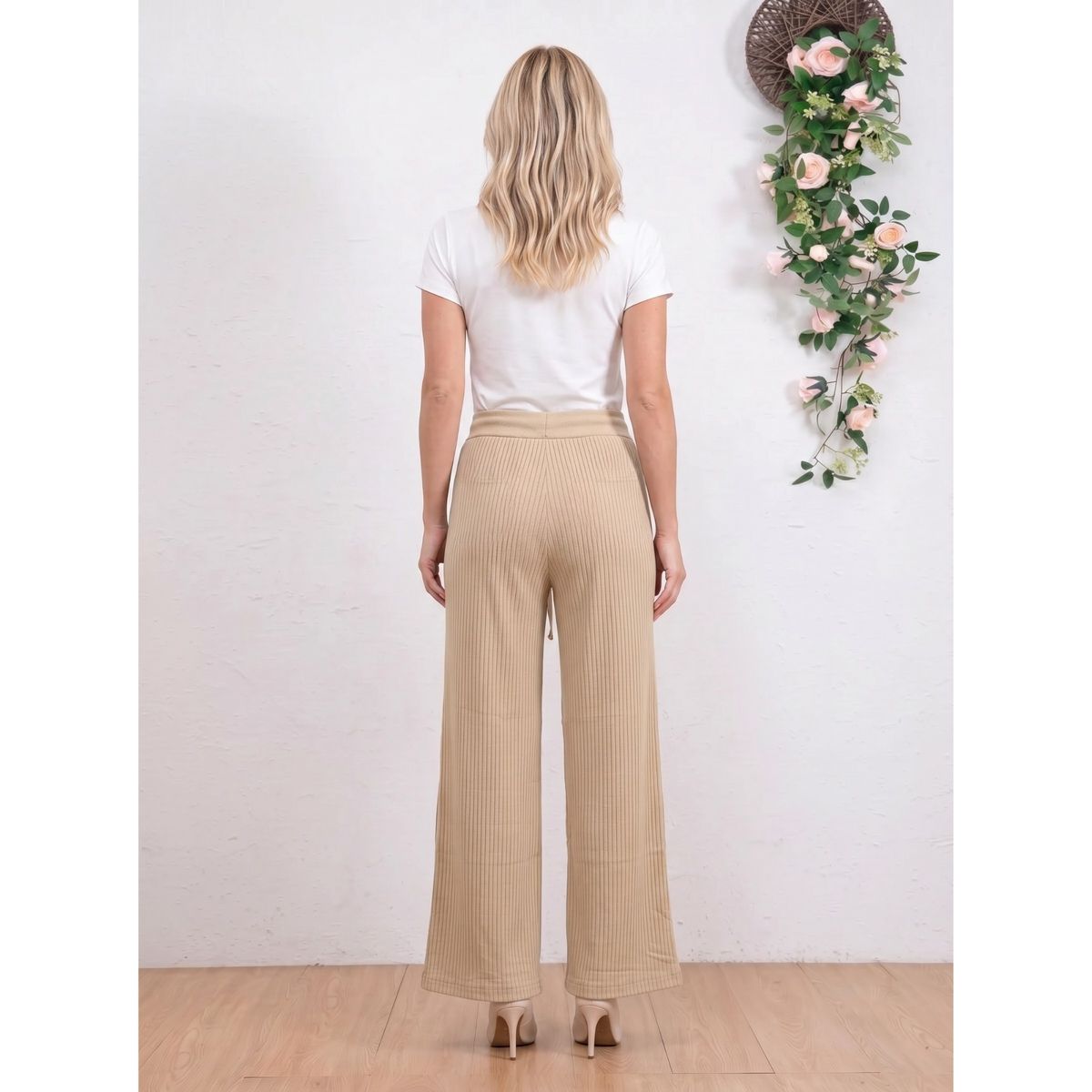 LIKE SHOP - Pantalon Mujer Tipo Palazzo Lanilla Acanalado Tiro Alto Full Elasticado 5107