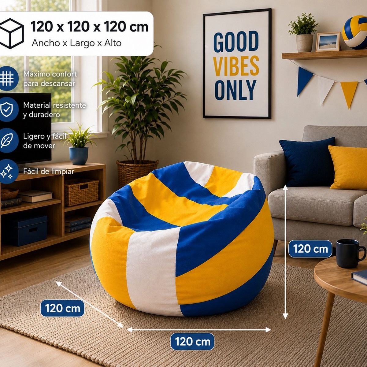 GENERICO - Pouf Pera Infantil Diseño Voleibol Eco Cuero 120x120x120 cm Maxicosas