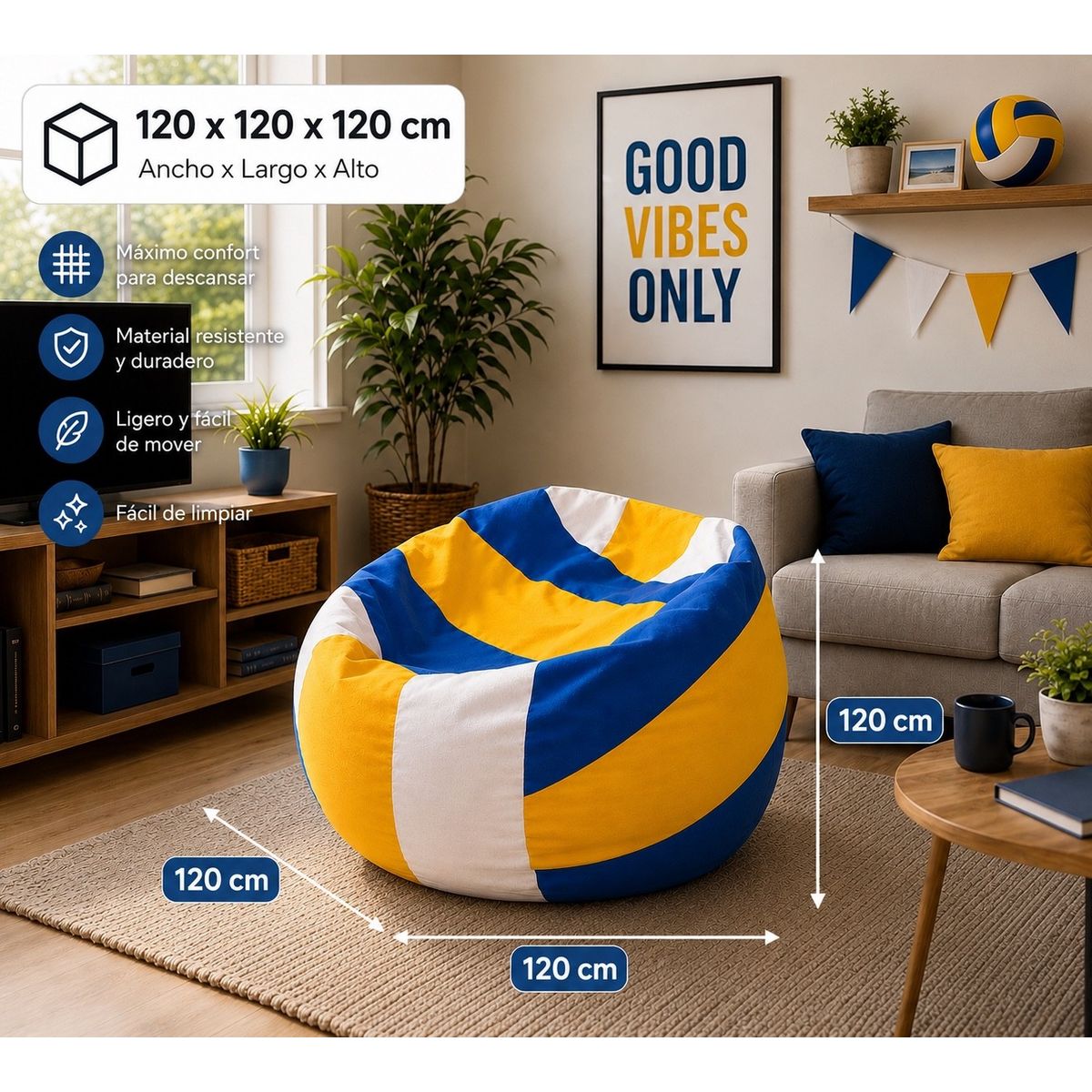 GENERICO - Pouf Pera Infantil Diseño Voleibol Eco Cuero 120x120x120 cm Maxicosas