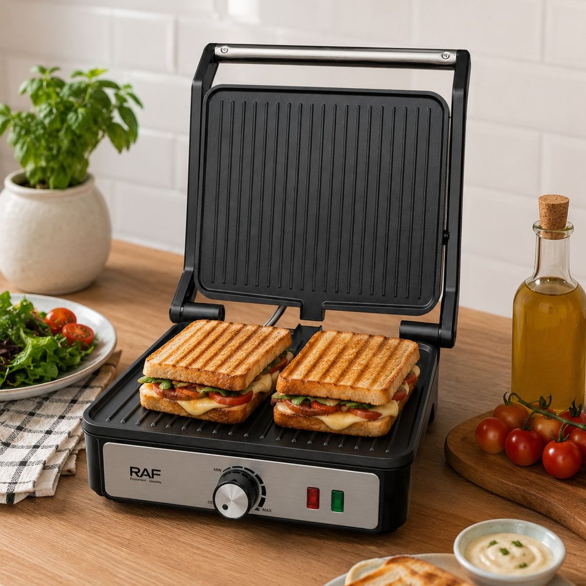 RAF - Tostador Panini  Plancha Parrillera 2000W Con Grill Color Cromo con Negro