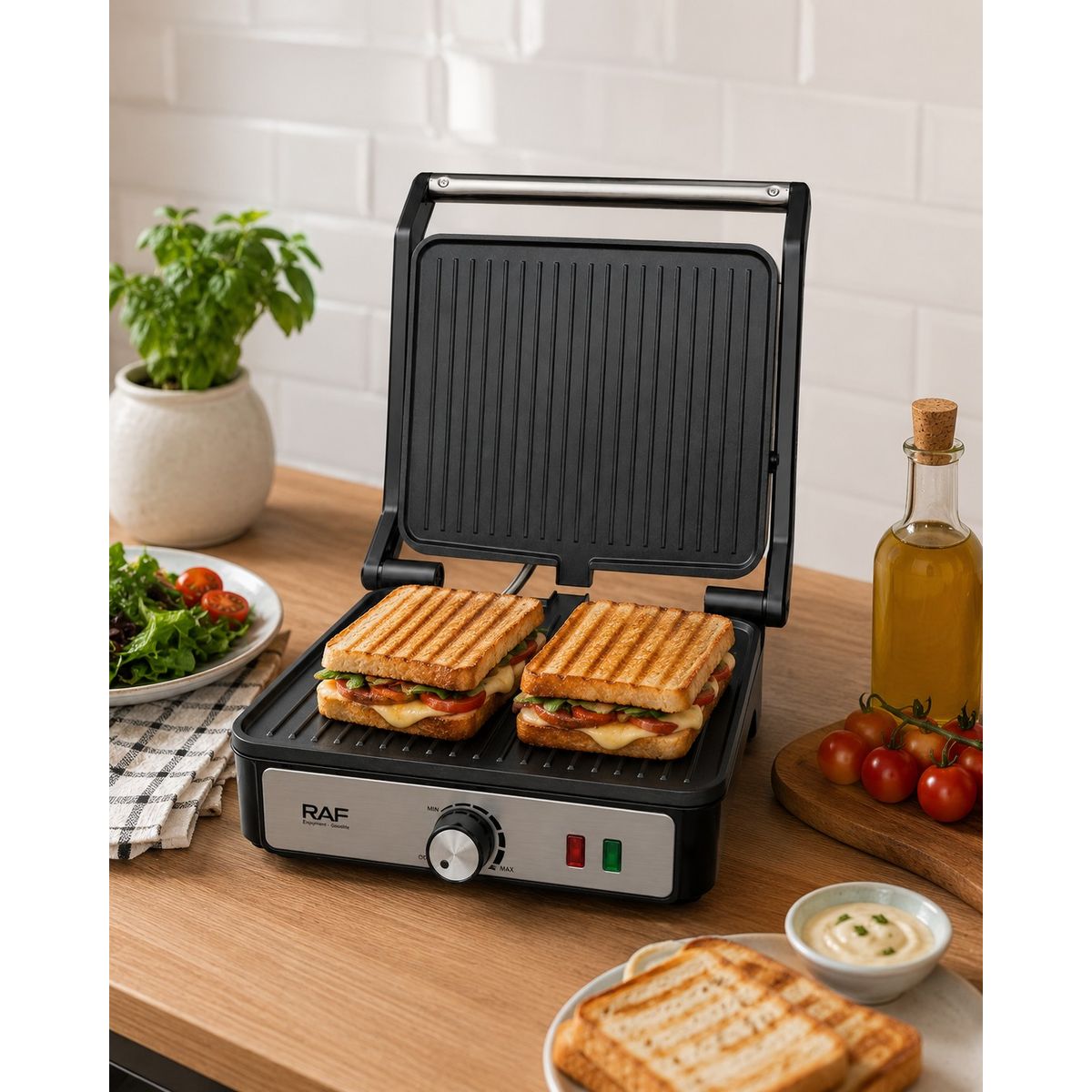RAF - Tostador Panini  Plancha Parrillera 2000W Con Grill Color Cromo con Negro