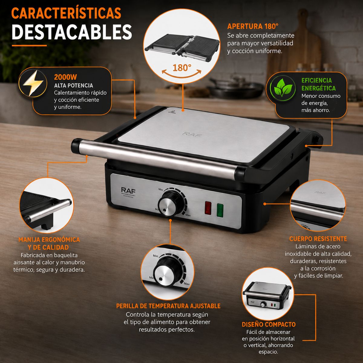 RAF - Tostador Panini  Plancha Parrillera 2000W Con Grill Color Cromo con Negro
