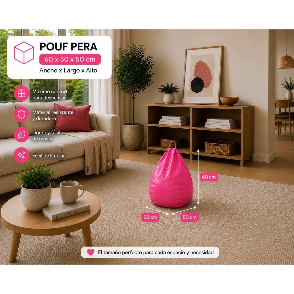 GENERICO - Pouf Pera Infantil Rosado Eco Cuero 60x50x50 cm Maxicosas