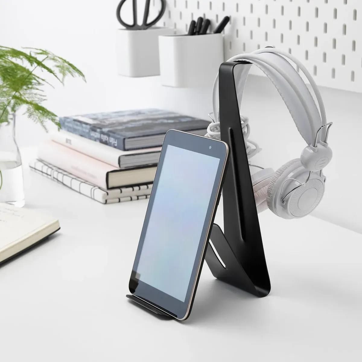 GENERICO - Soporte de acero negro para tablet y audífonos