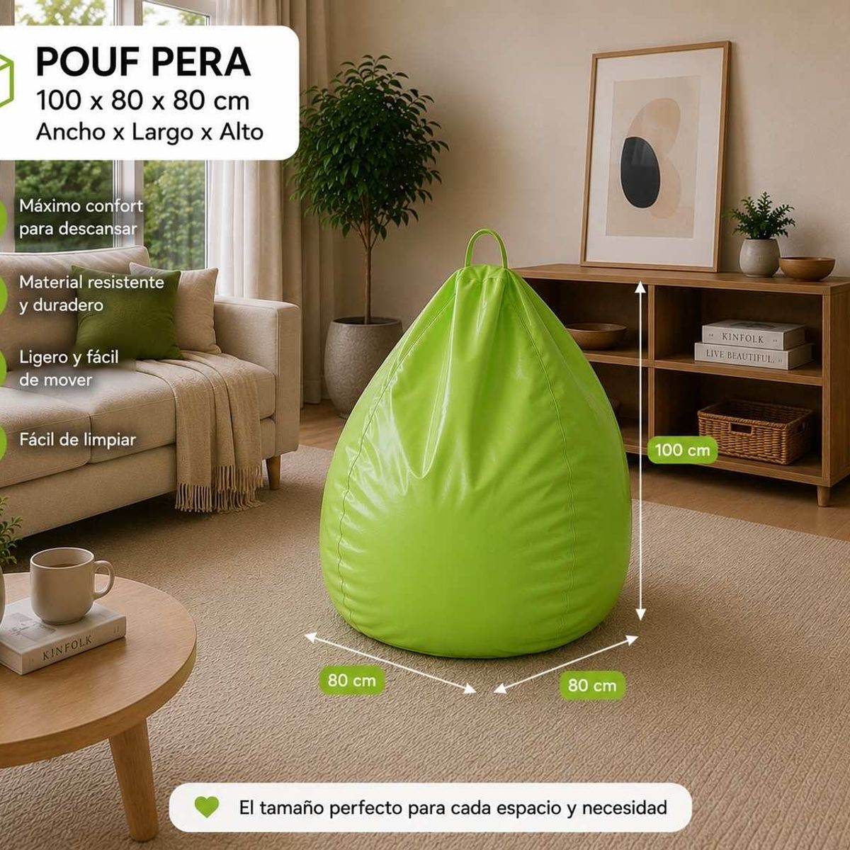 GENERICO - Pouf Pera Verde Eco Cuero 100x80x80 cm Maxicosas