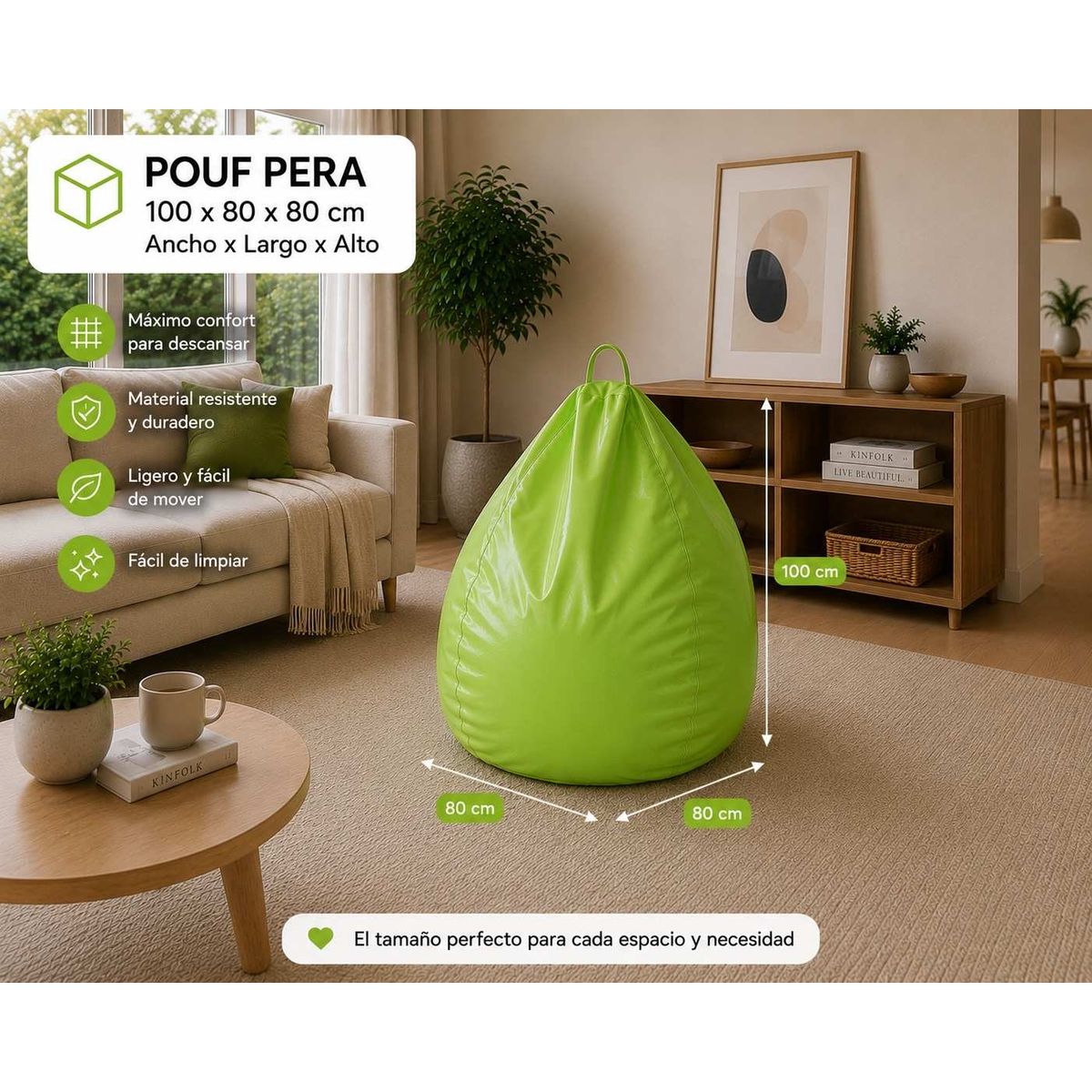 GENERICO - Pouf Pera Verde Eco Cuero 100x80x80 cm Maxicosas