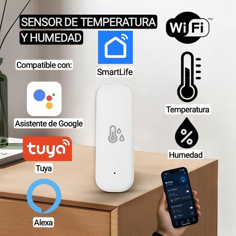 GENERICO Sensor de Temperatura y Humedad WiFi. Alexa, Google, SmartLife. No requiere hub. Sensor inteligente.