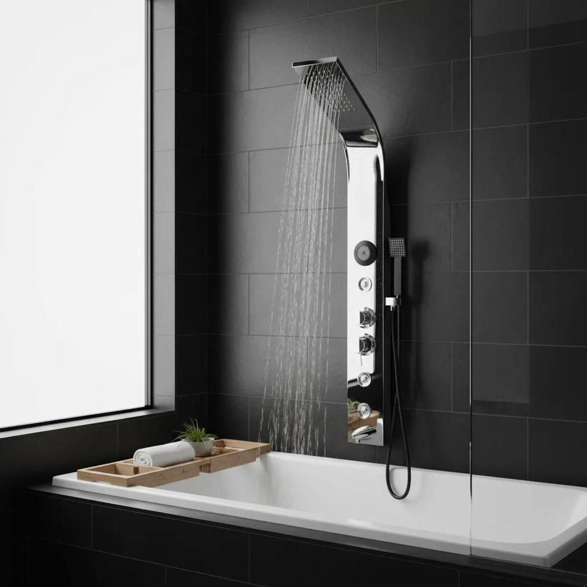 GENERICO - Columna de ducha negra con hidromasaje y Bluetooth