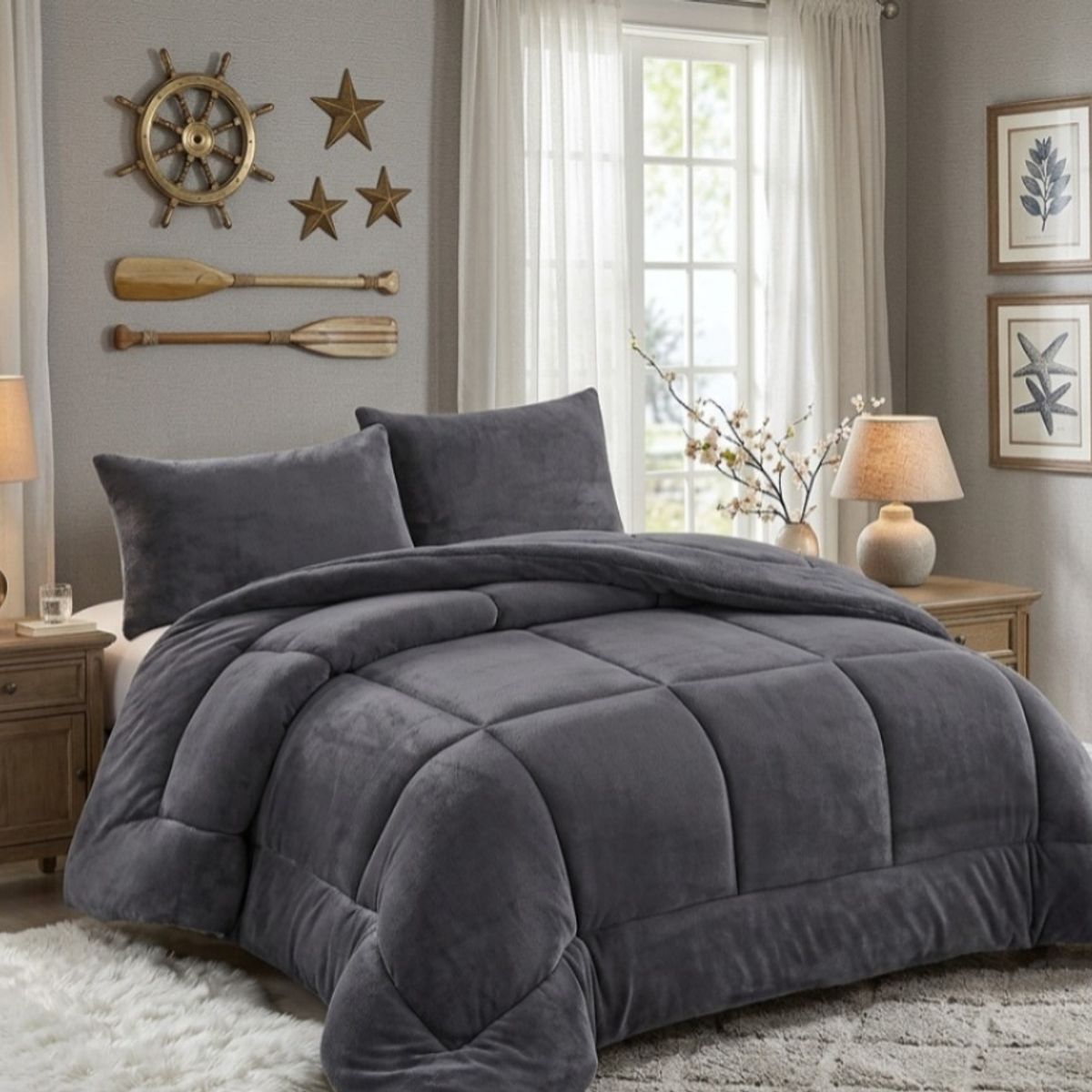 Cobertor Sherpa Plush Gris Oscuro Ultra Suave 1.5 Plazas con Fundas, marca GENERICO - Foto Principal