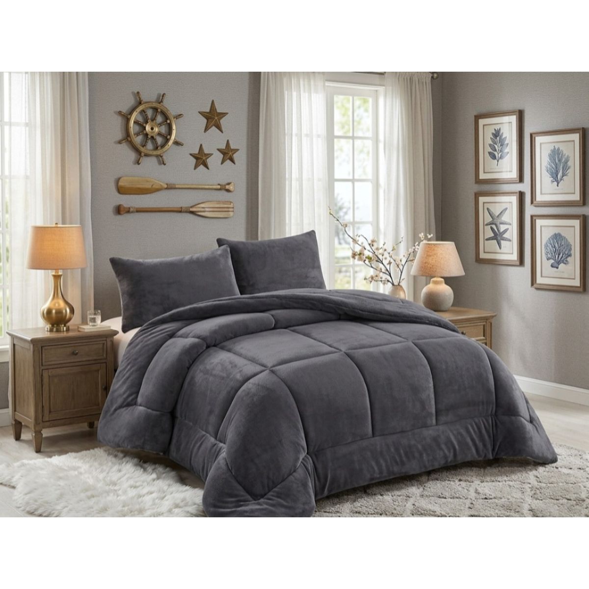 Cobertor Sherpa Plush Gris Oscuro Ultra Suave 1.5 Plazas con Fundas, marca GENERICO - Foto Principal