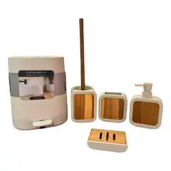GENERICO - Set 5 accesorios baño con tapa bambú y papelera WC
