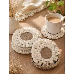 VERDEMAR - Set de 6 Posavasos de Yute y Macramé Artesanales Estilo Boho Decorativo