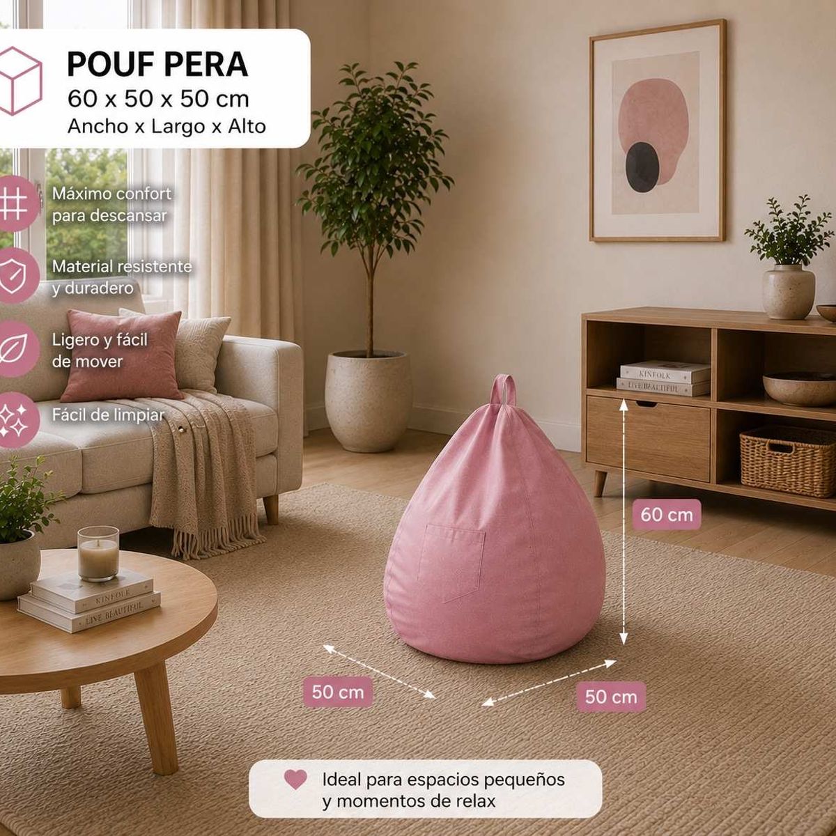 GENERICO - Pouf Pera Rosado Felpa 60x50x50 cm Maxicosas