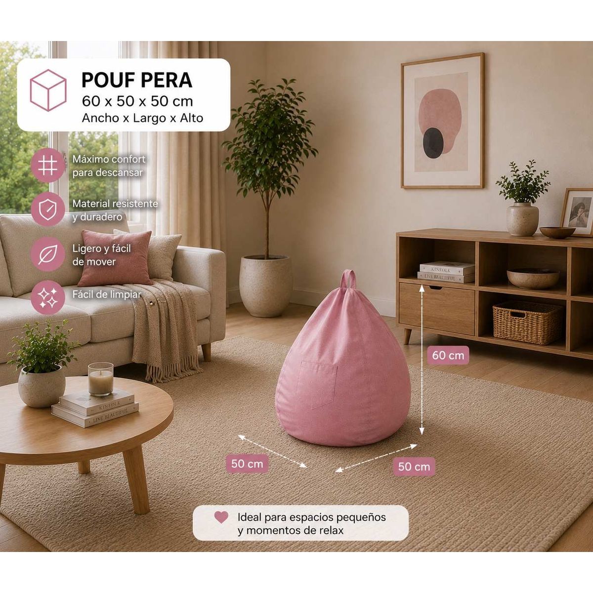 GENERICO - Pouf Pera Rosado Felpa 60x50x50 cm Maxicosas