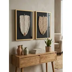 TELARES DE ESTILO - Dúo Cuadro Decorativo Hojas Algodón y Yute, Fibra Natural, Artesanía Chilena, Marco Dorado 50x34 con Vidrio