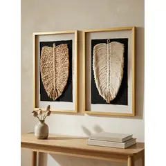 TELARES DE ESTILO - Duo Cuadro Decorativo Hojas Algodón y Yute, Fibra Natural, Artesanía Chilena, Marco Dorado 50x32 con Vidrio