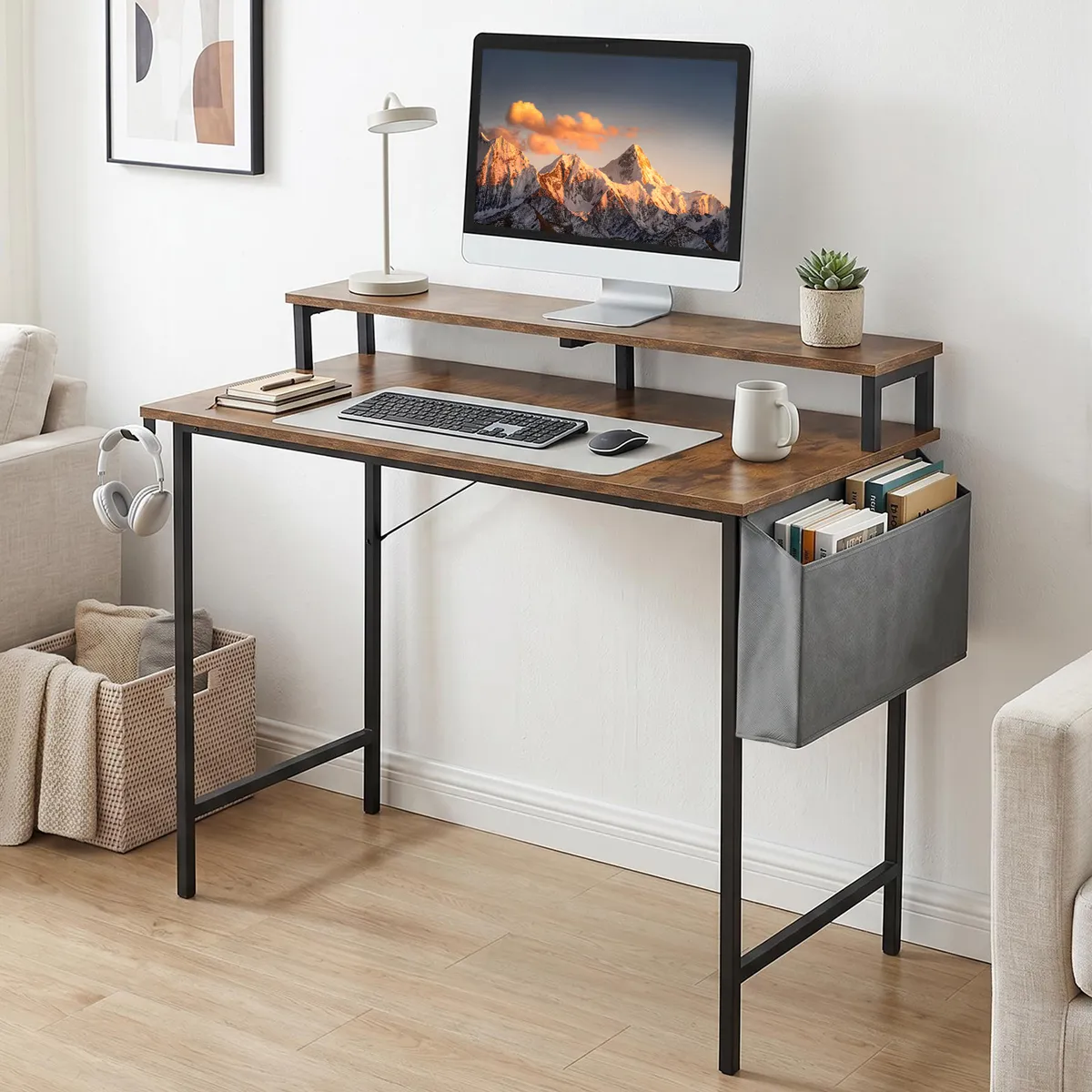 VIDITA - Escritorio 100cm Con Soporte Repisa Bolsa Gancho Lateral Estructura Metálica