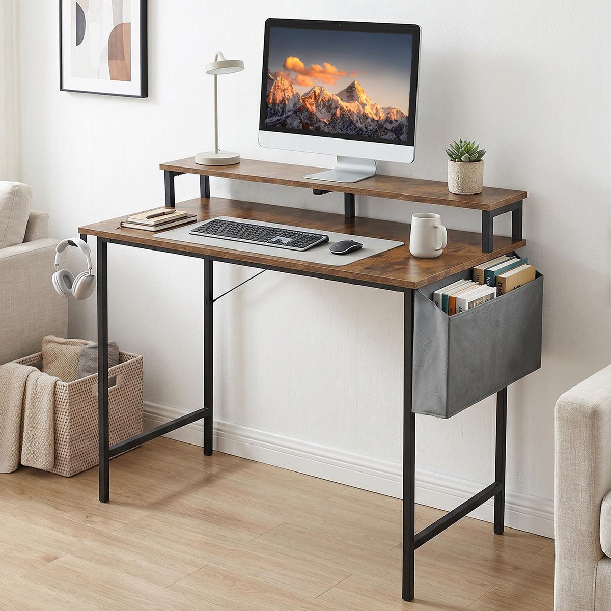 VIDITA - Escritorio 100cm Con Soporte Repisa Bolsa Gancho Lateral Estructura Metálica