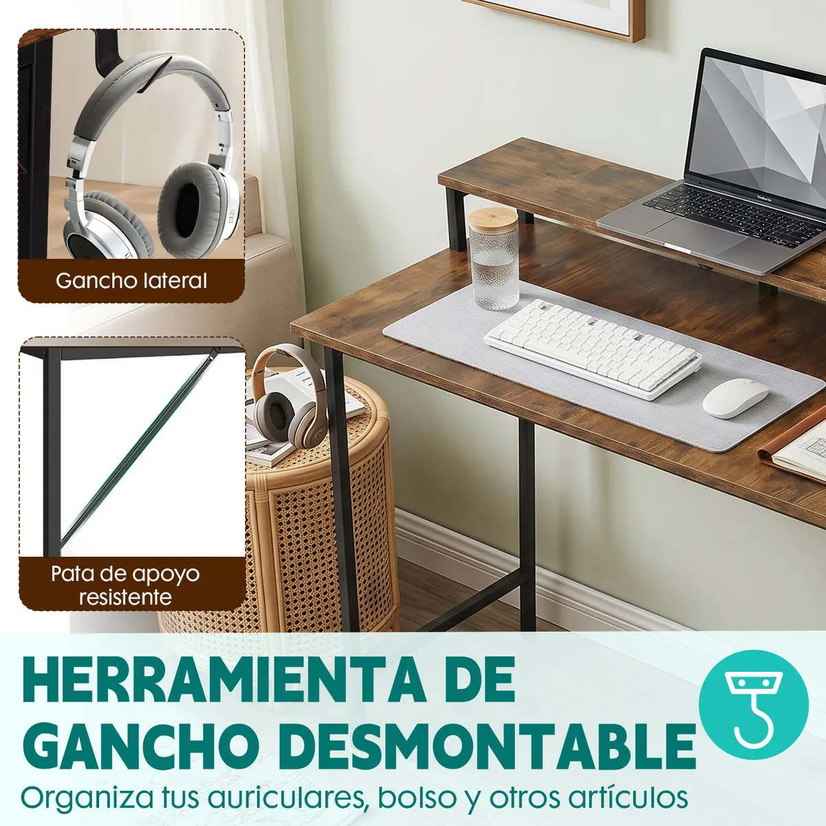 VIDITA - Escritorio 100cm Con Soporte Repisa Bolsa Gancho Lateral Estructura Metálica