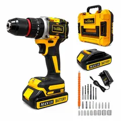 TASBEL - Taladro Amarillo Con Accesorios 20V Con 2 Baterías