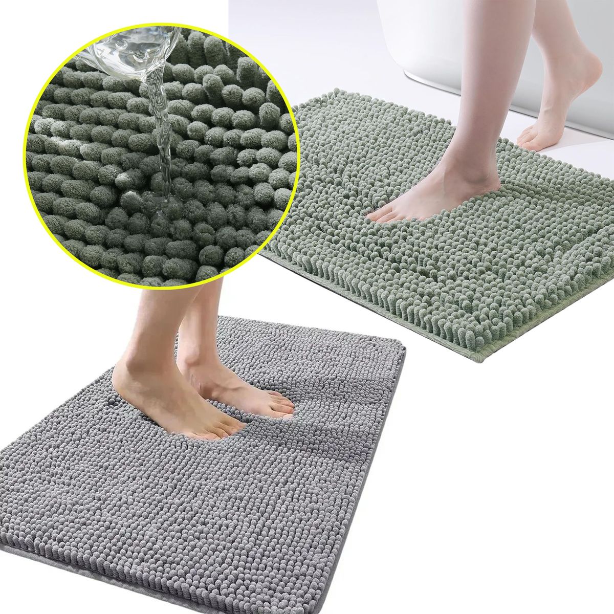 TSKY CHILE SHOPPING - Pack 2pcs Alfombra Antideslizante Tapete Chenilla de Piezas para Baño,Tapete Alfombrilla Gris+Verde