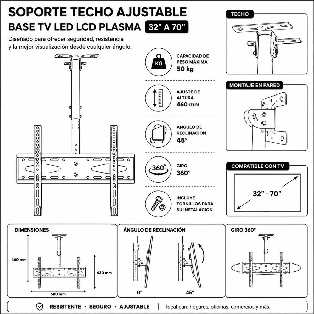 GENERICO - Soporte de Techo Ajustable para TV 32 a 70 Pulgadas