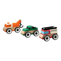 GENERICO - Set 3 Autos de Madera Bomberos, Grúa y Deportivo 11cm