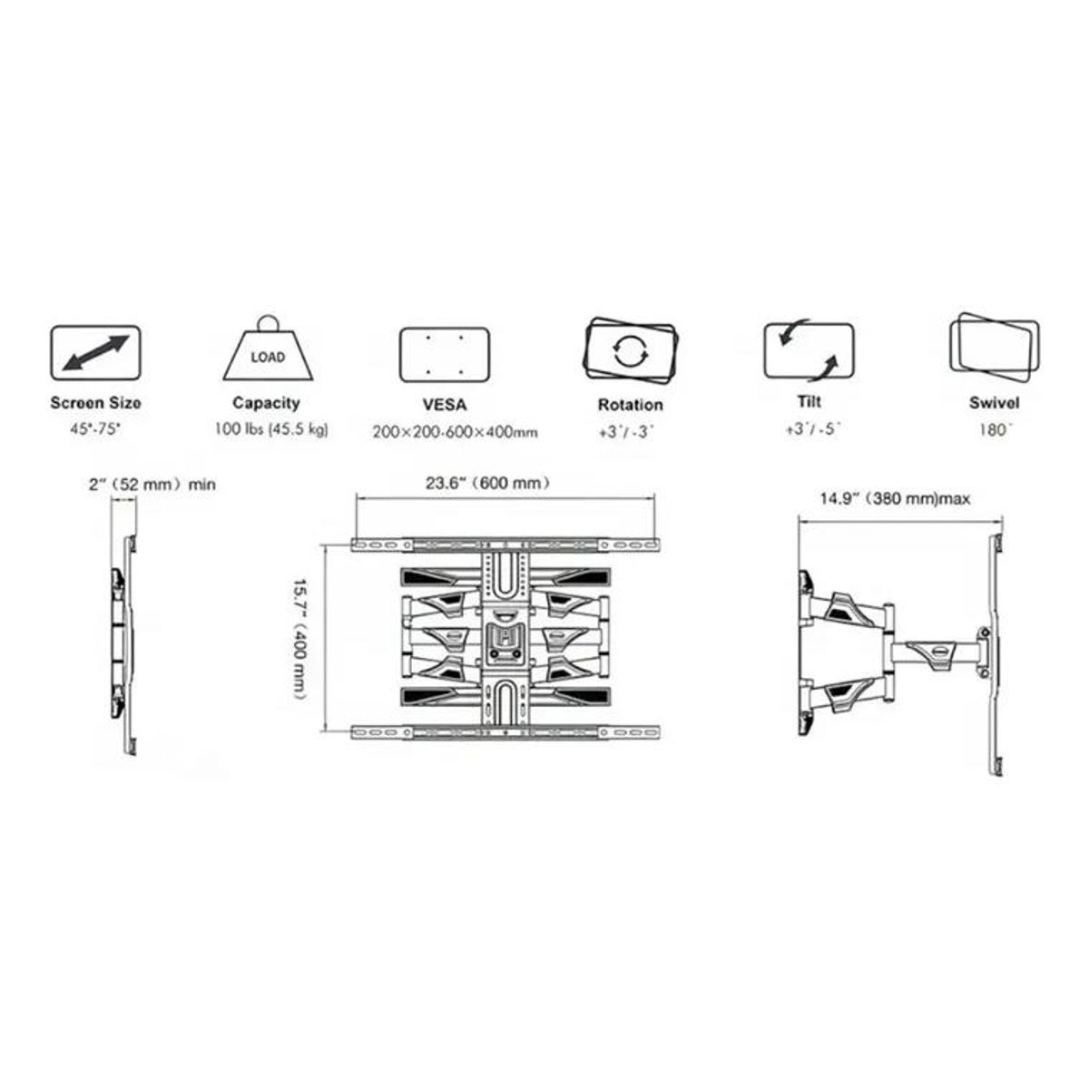 GENERICO - Soporte Universal Brazo Articulado para TV 45 a 75 Pulg