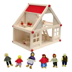 GENERICO - Casa de Muñecas de Madera con Muebles y Set Familiar