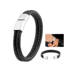 GENERICO - Pulsera Cuero Negro Hombre Moda Masculina Acero Quirúrgico