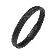 GENERICO - Pulsera Cuero Negro Hombre Moda Masculina Acero Quirúrgico