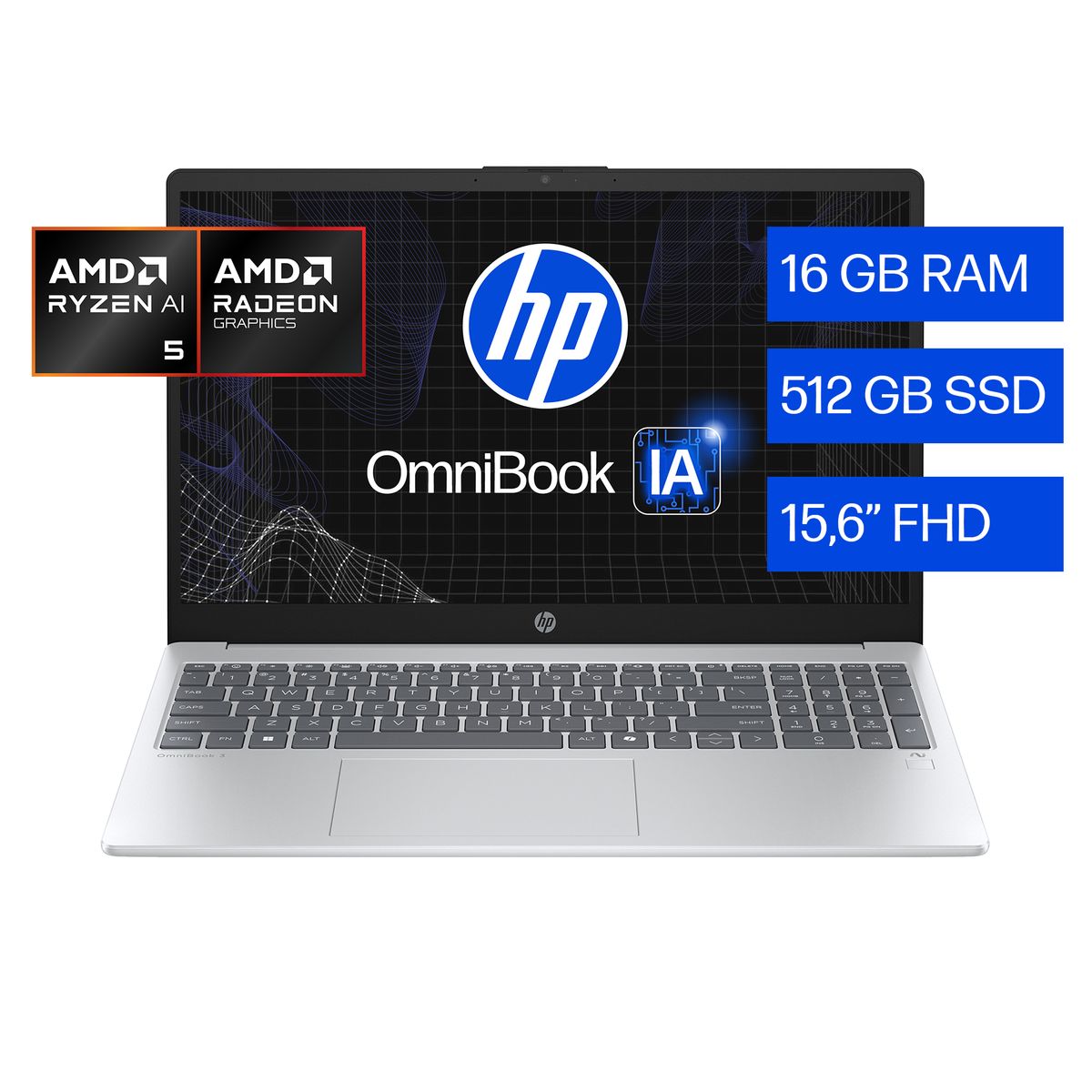 HP - Notebook HP OmniBook 3 15-fn0053la AMD Ryzen AI 5 16GB RAM 512GB SSD 15.6" FHD W11H