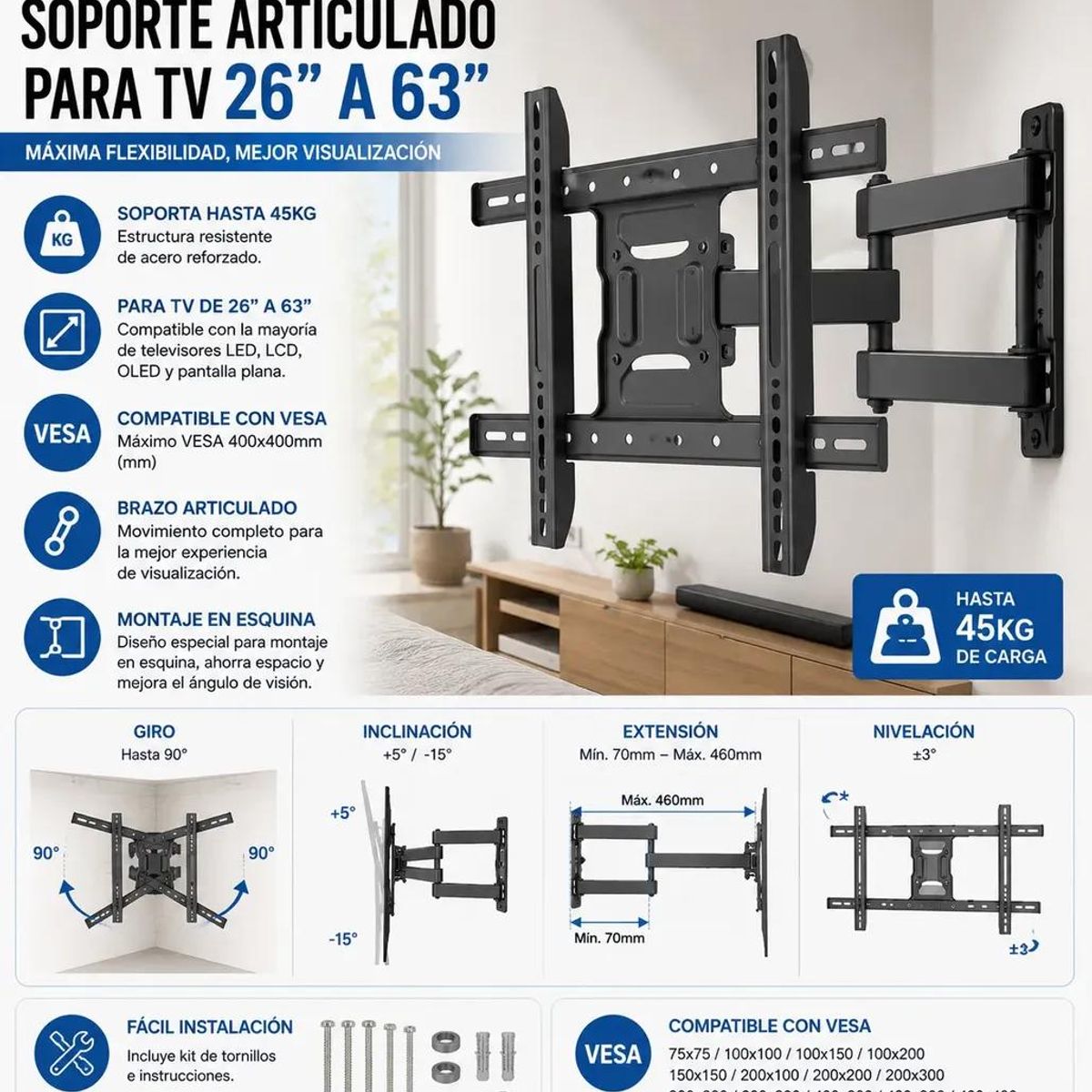 GENERICO - Soporte Articulado Universal para TV 26 a 63 Pulgadas