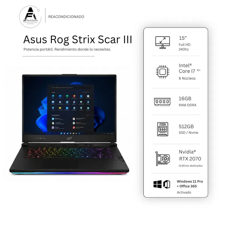 Notebook Rog Strix Scar III I7 9750H 16GB 512GB RTX2070 Edición Exclusiva Win Office Rea