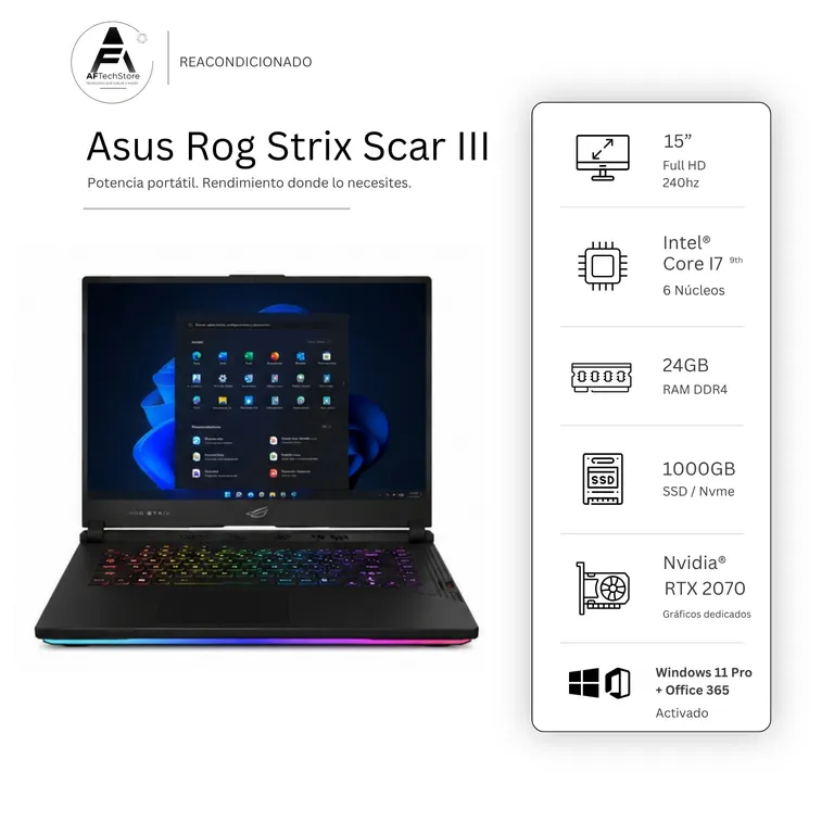 Notebook Rog Strix Scar III I7 9750H 24GB 1TB RTX2070 Edición Exclusiva Win Office Rea
